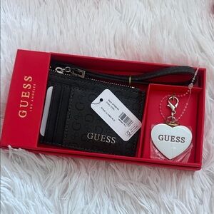 GUESS Black Card Holder with Silver Metal Heart Keychain| Valentines Gift 💝